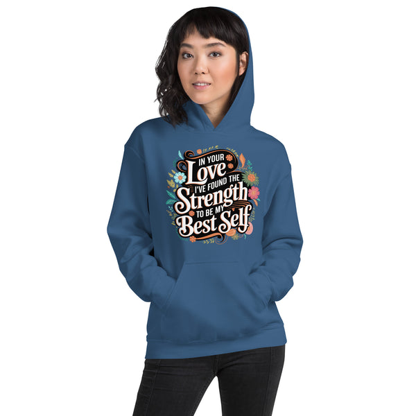 Empowered by Your Love – Elegant Floral Hoodie for Her - Indigo Blue - Hoodies