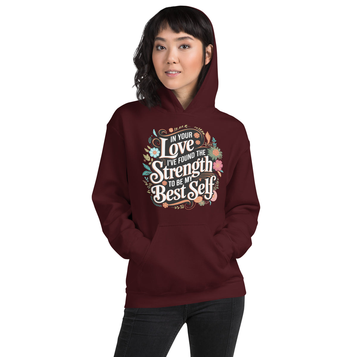 Empowered by Your Love – Elegant Floral Hoodie for Her - Maroon - Hoodies