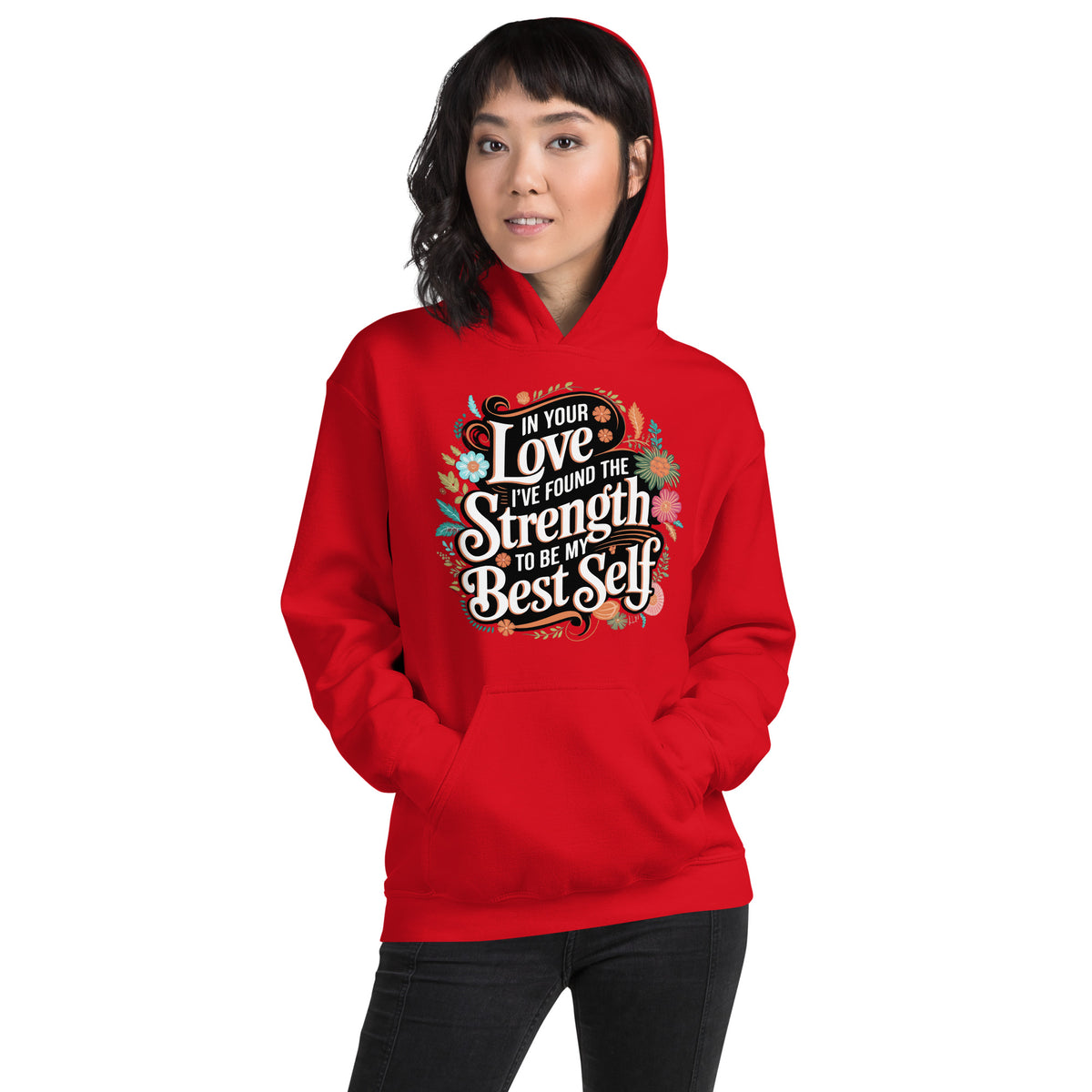 Empowered by Your Love – Elegant Floral Hoodie for Her - Red - Hoodies