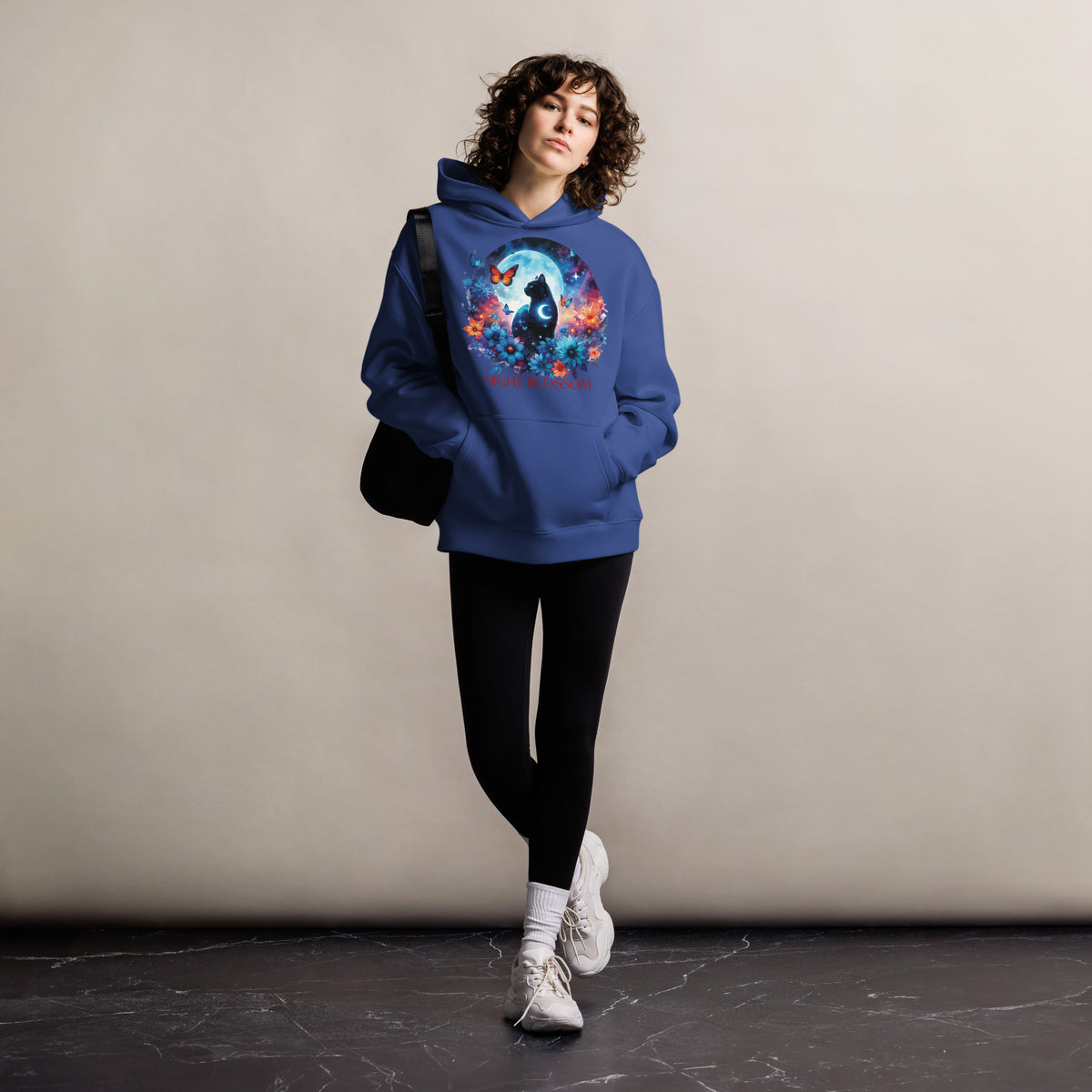 Lunar Elegance - Black Cat Under the Full Moon Hoodie - Cobalt - Hoodies