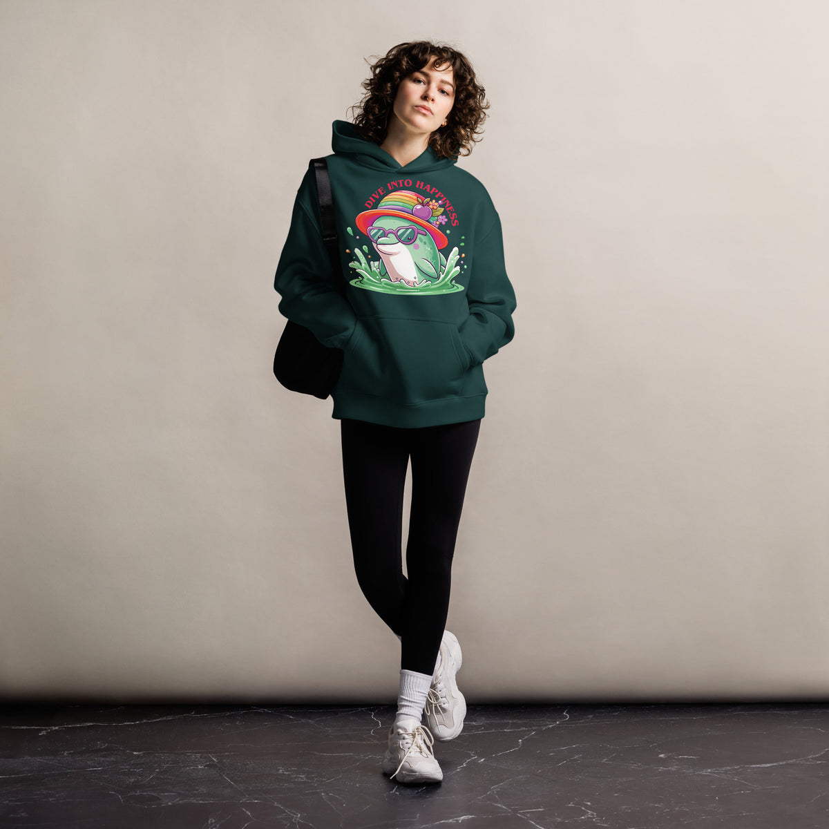 Rainbow Waves & Happy Days - Oversized Hoodie - Pine Green - Hoodies