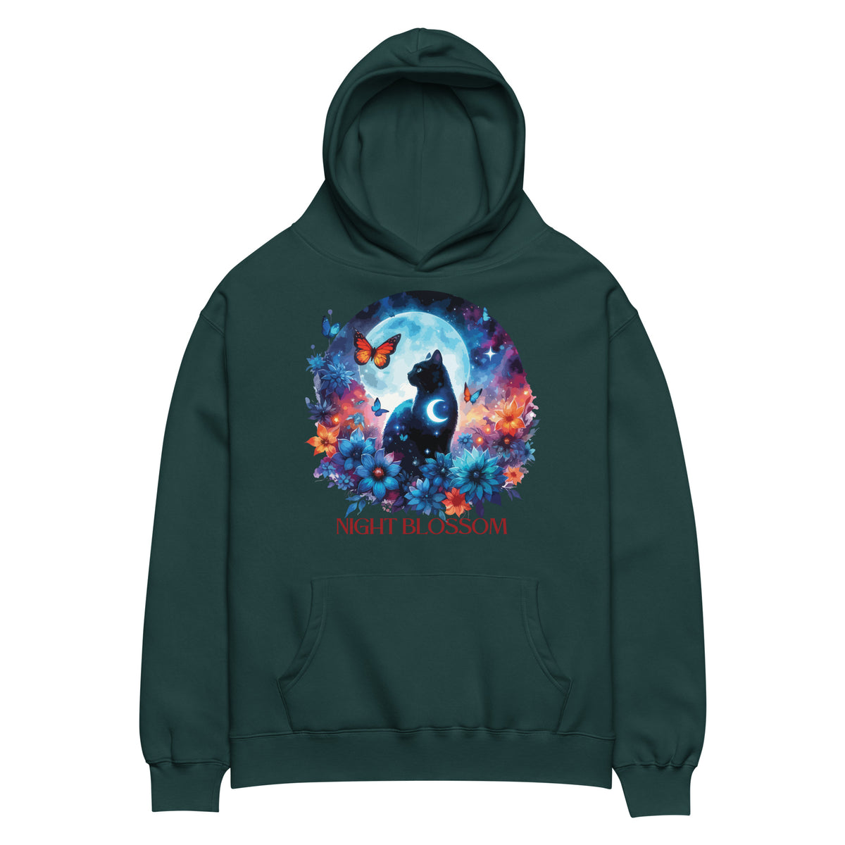 Lunar Elegance - Black Cat Under the Full Moon Hoodie - - Hoodies