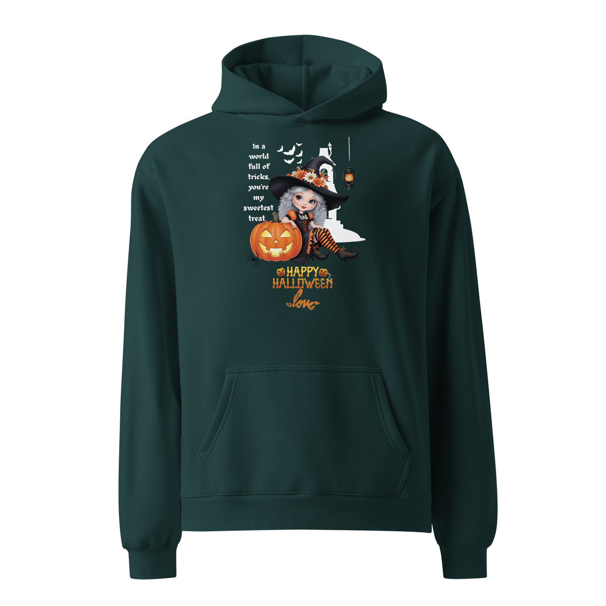 Halloween Charm - Witch & Pumpkin Hoodie - Pine Green - Hoodies