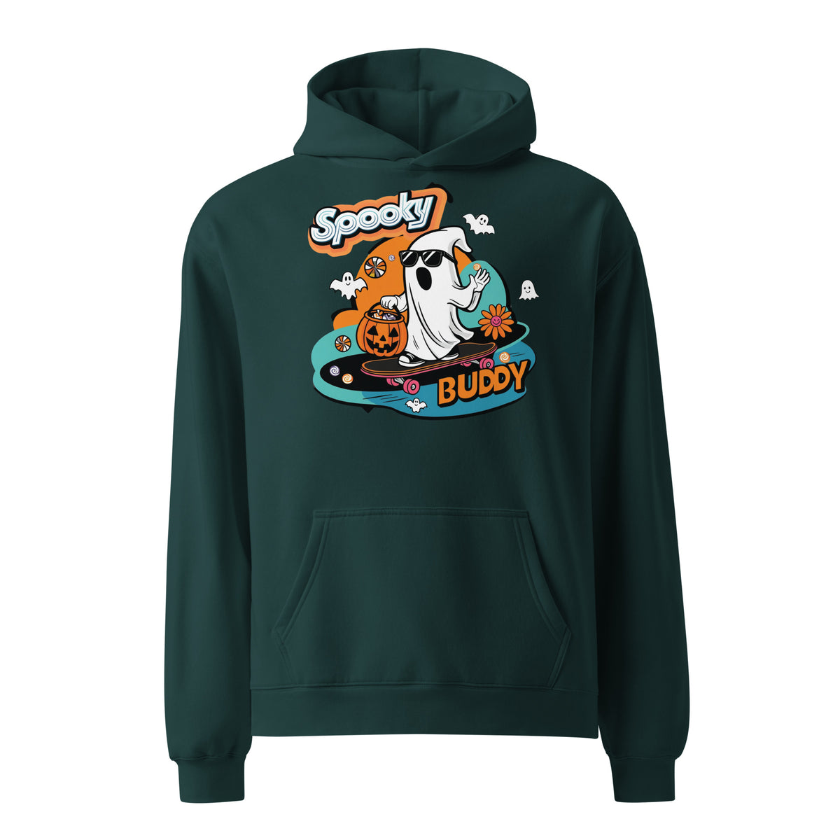 Trick-or-Treat in Style - Spooky Buddy Skateboard Hoodie - Pine Green - Hoodies