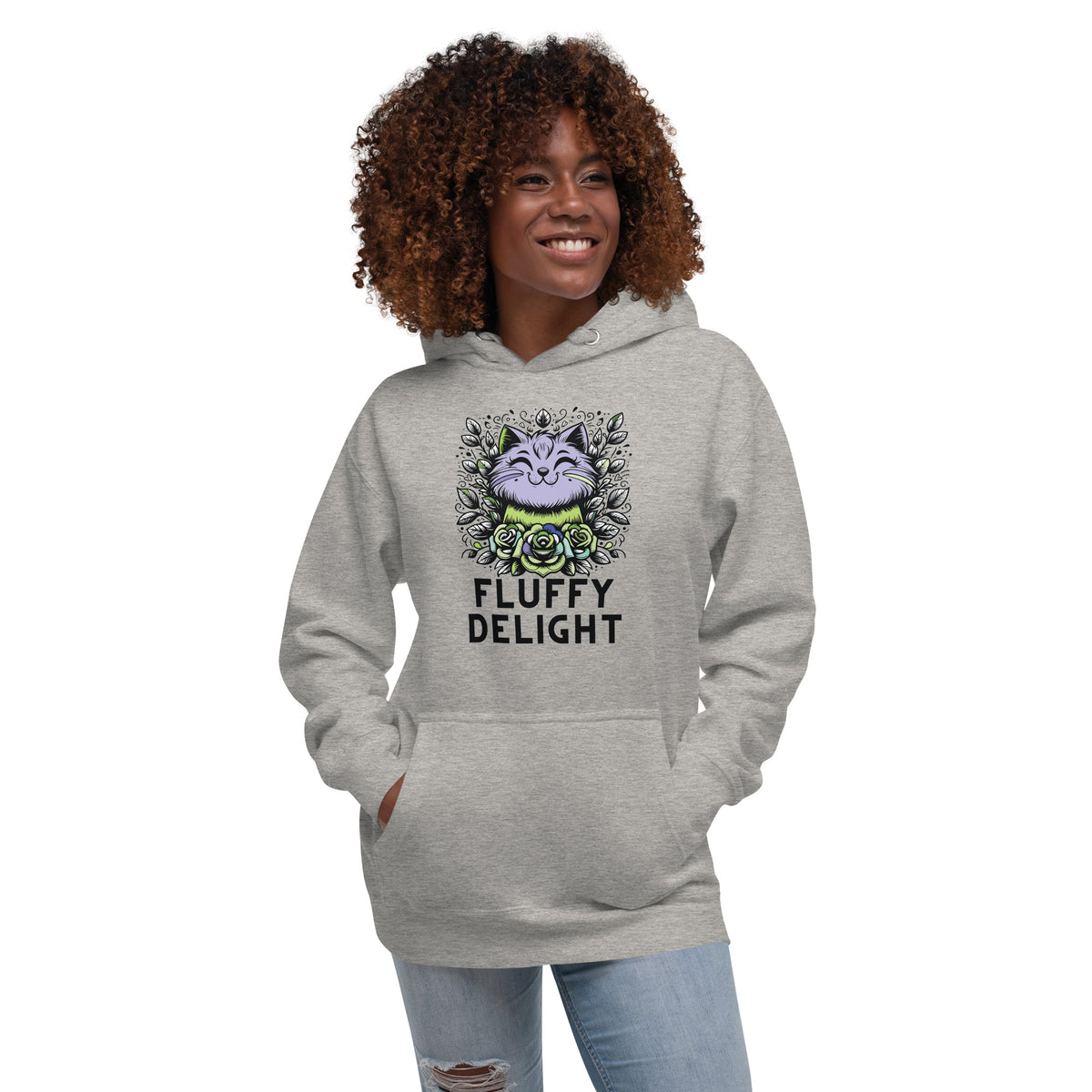 Fluffy Delight - Lavender Cat Hoodie - Carbon Grey - Hoodies