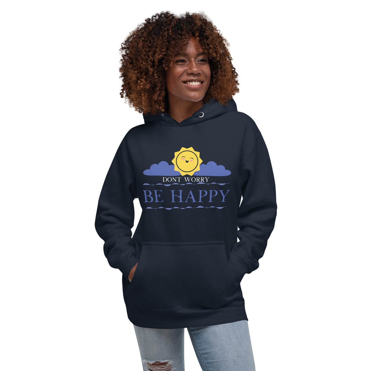 Sunny Smiles - Don't Worry, Be Happy Hoodie - Navy Blazer - Unisex Hoodies