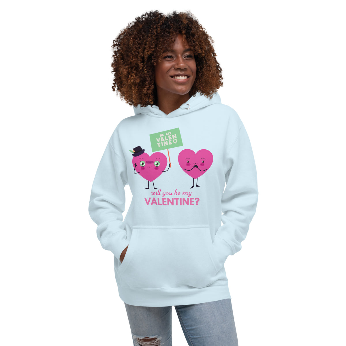 Valentine's Love - Cute Heart Characters Hoodie - Sky Blue - Unisex Hoodies