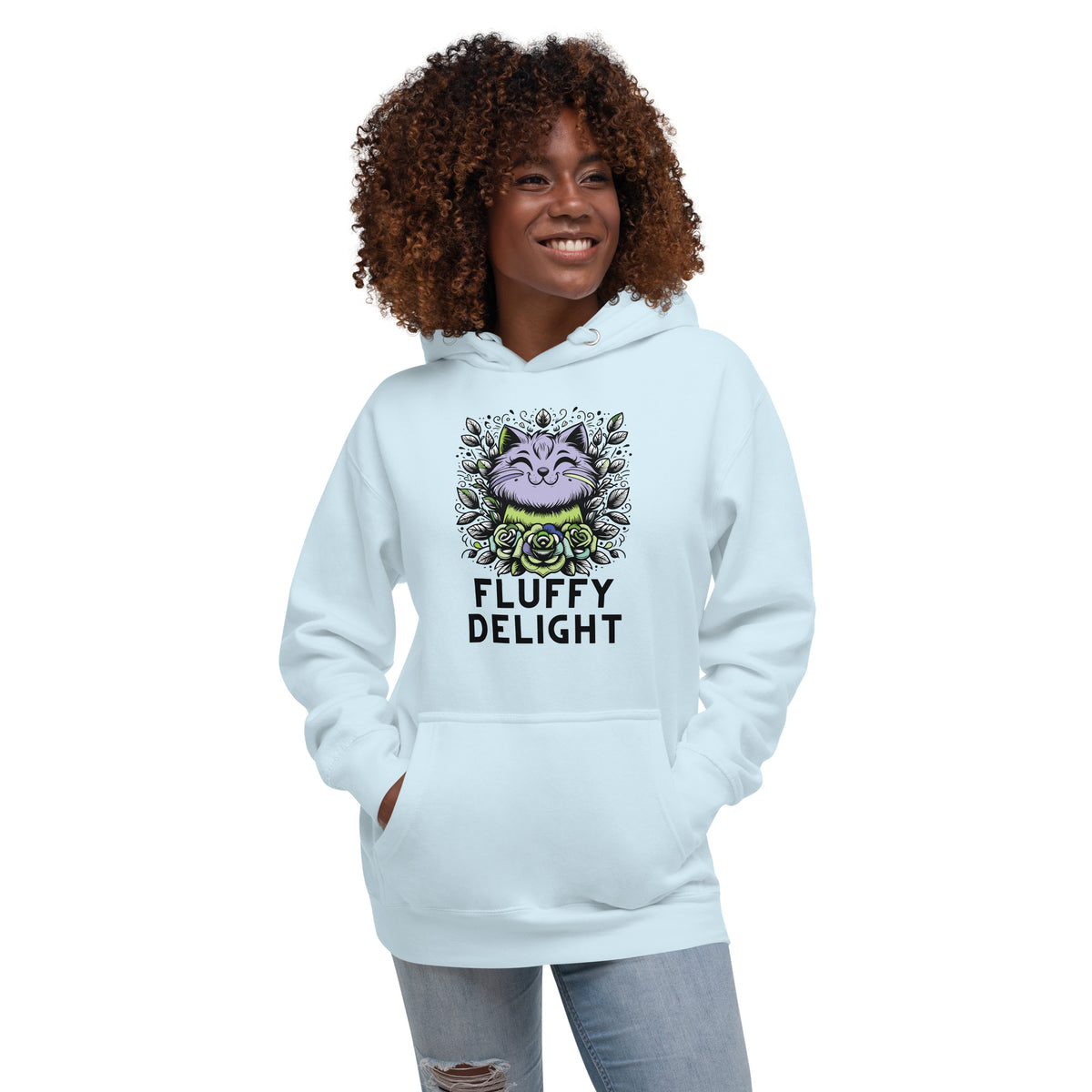 Fluffy Delight - Lavender Cat Hoodie - Sky Blue - Hoodies