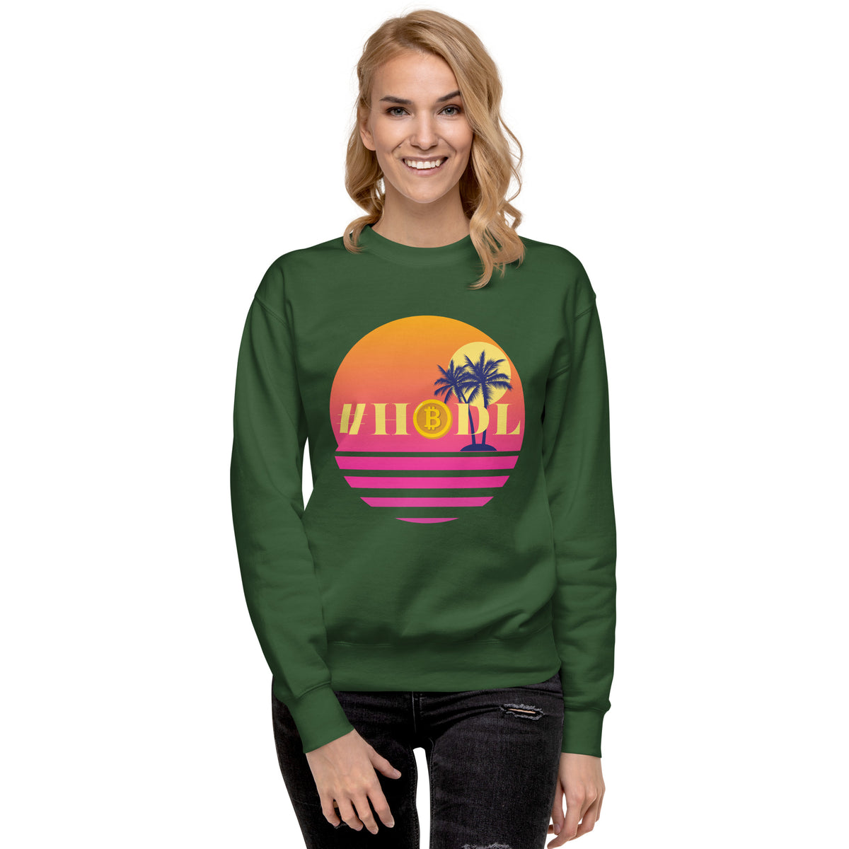 Relax & #HODL Tropical Bitcoin Sweater - Forest Green - Crewneck Sweatshirts