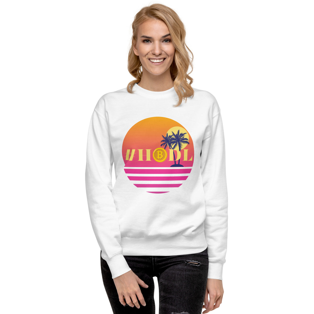 Relax & #HODL Tropical Bitcoin Sweater - White - Crewneck Sweatshirts