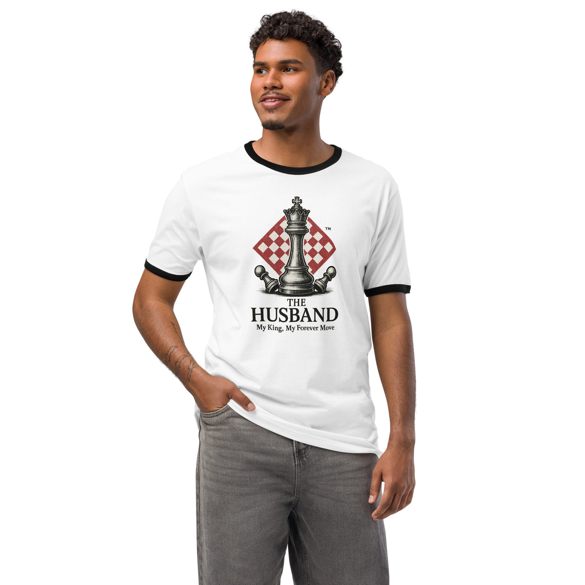 Retro Chess King Husband Ringer Tee – Perfect Love Gift - White Black - T-Shirts