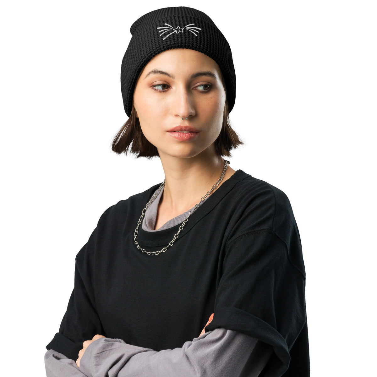 Stargazing Memories Woven - The Falling Star Waffle Beanie - Black -