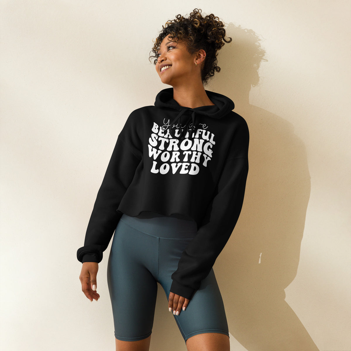 Empowerment Crop Hoodie - You Are Beautiful, Strong, Worthy, Loved - Black - Hoodies