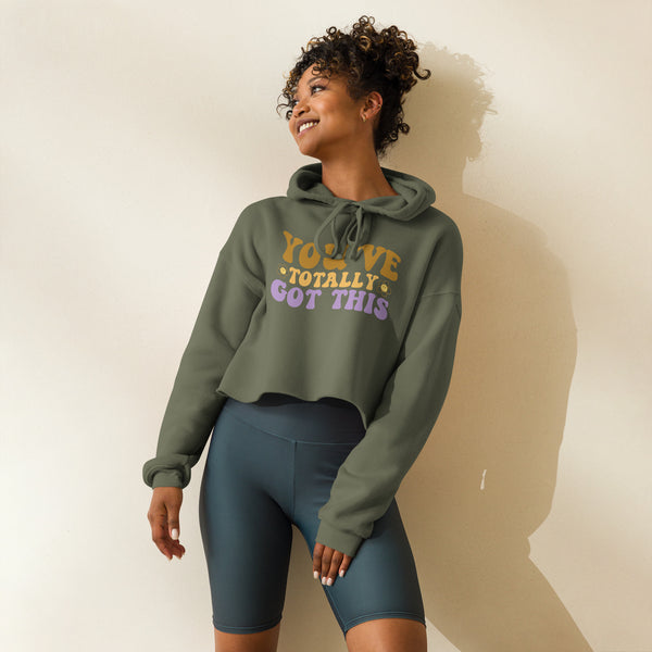 Motivational Floral Crop Hoodie - Military Green -