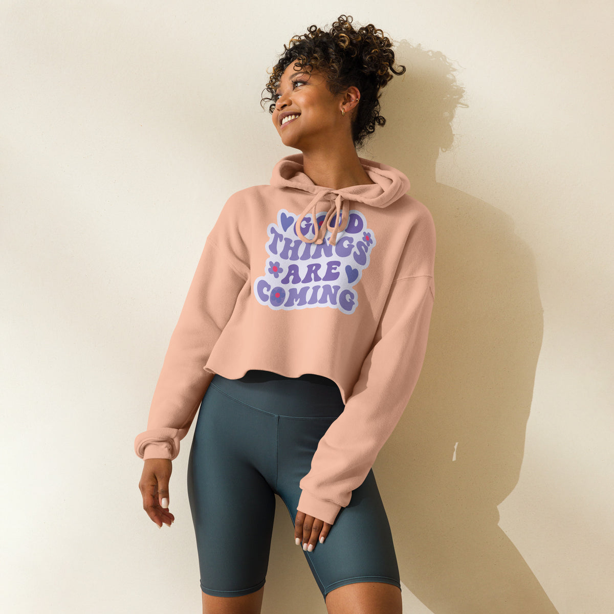 Positive Vibes Crop Hoodie - Peach -