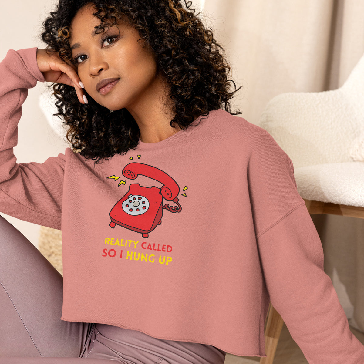 Hang Up Reality - Retro Humor Crop Sweatshirt - Mauve - Sweatshirts