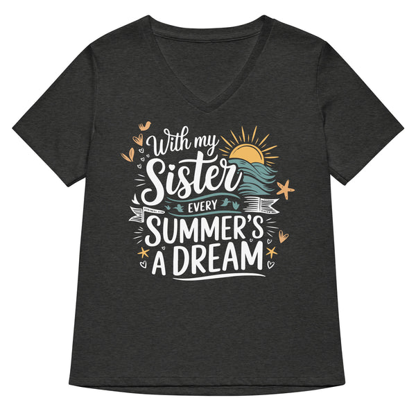 Women’s V-Neck T-Shirt Gift for Sister with Ocean Sunset Art - Dark Grey Heather - T-shirt