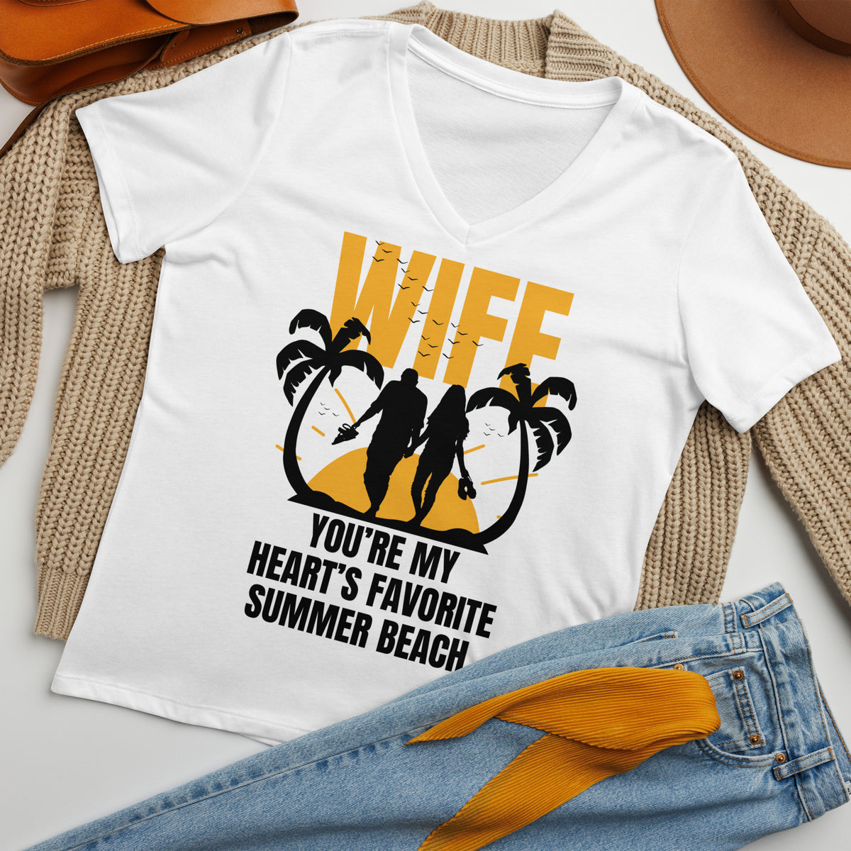 Sunset Love V-Neck T-Shirt for Wife - Solid White Blend - T-shirt